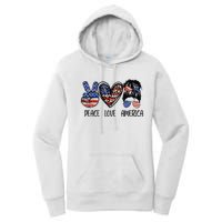 Peace Love America Messy Bun American Flag Funny 4th Of July Women's Pullover Hoodie