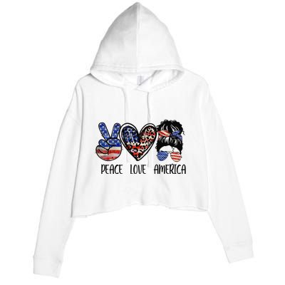 Peace Love America Messy Bun American Flag Funny 4th Of July Crop Fleece Hoodie