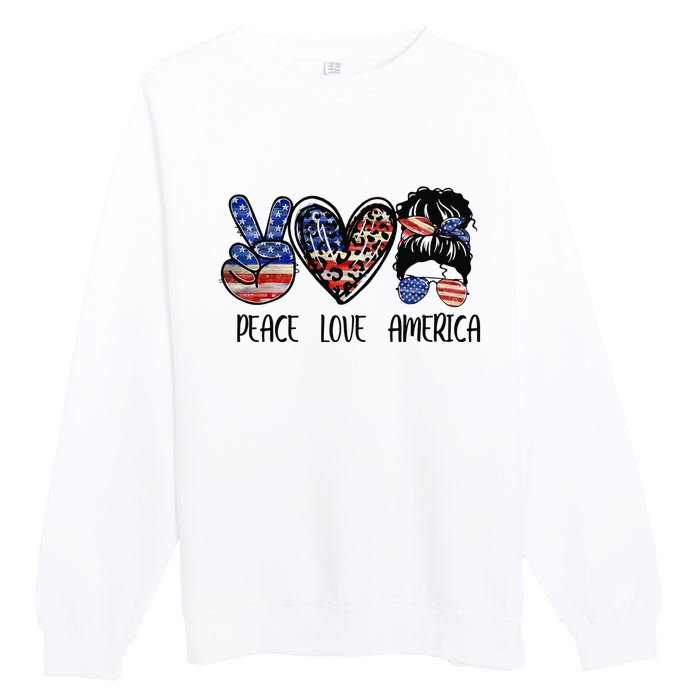 Peace Love America Messy Bun American Flag Funny 4th Of July Premium Crewneck Sweatshirt