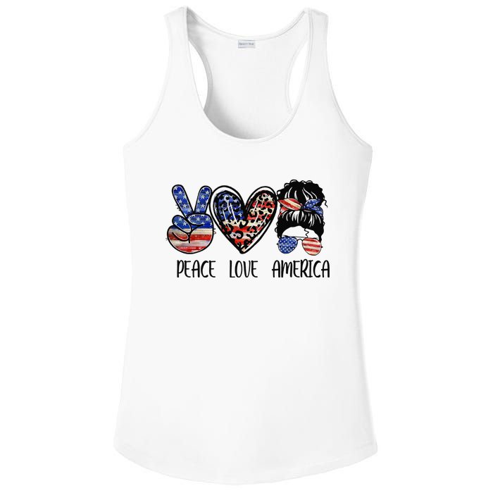 Peace Love America Messy Bun American Flag Funny 4th Of July Ladies PosiCharge Competitor Racerback Tank