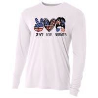 Peace Love America Messy Bun American Flag Funny 4th Of July Cooling Performance Long Sleeve Crew