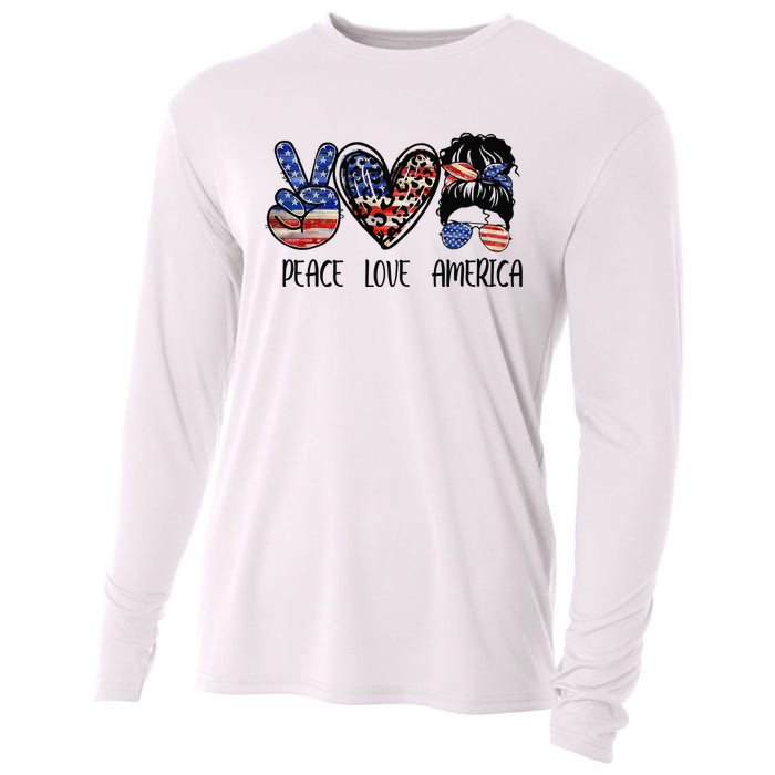 Peace Love America Messy Bun American Flag Funny 4th Of July Cooling Performance Long Sleeve Crew