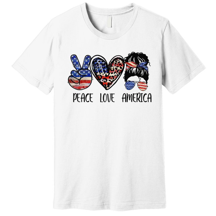 Peace Love America Messy Bun American Flag Funny 4th Of July Premium T-Shirt