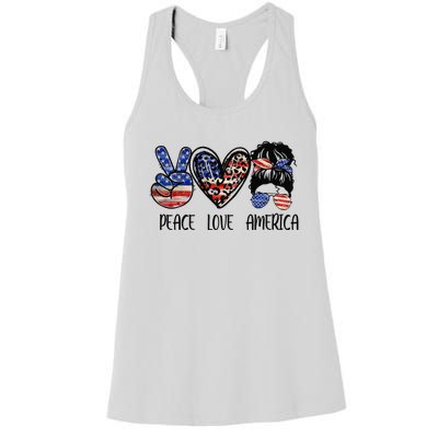 Peace Love America Messy Bun American Flag Funny 4th Of July Women's Racerback Tank