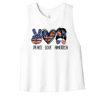 Peace Love America Messy Bun American Flag Funny 4th Of July Women's Racerback Cropped Tank