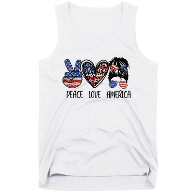 Peace Love America Messy Bun American Flag Funny 4th Of July Tank Top