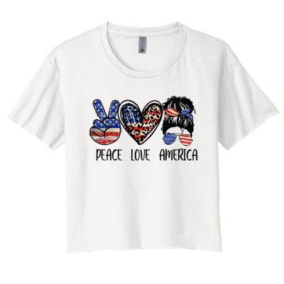 Peace Love America Messy Bun American Flag Funny 4th Of July Women's Crop Top Tee