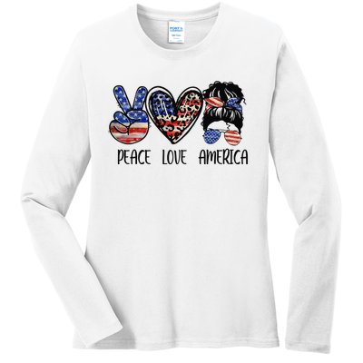 Peace Love America Messy Bun American Flag Funny 4th Of July Ladies Long Sleeve Shirt