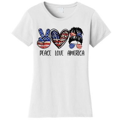 Peace Love America Messy Bun American Flag Funny 4th Of July Women's T-Shirt