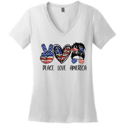 Peace Love America Messy Bun American Flag Funny 4th Of July Women's V-Neck T-Shirt