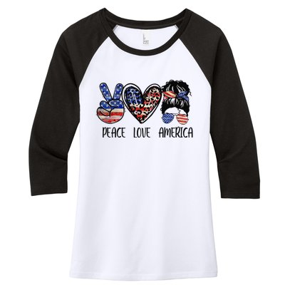 Peace Love America Messy Bun American Flag Funny 4th Of July Women's Tri-Blend 3/4-Sleeve Raglan Shirt