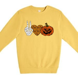 Peace Love And Pumpkins Halloween Skeleton Fall Cute Gift Premium Crewneck Sweatshirt