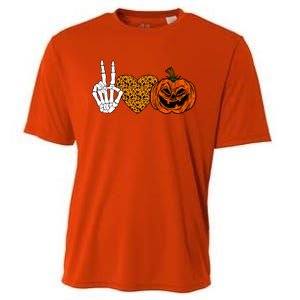 Peace Love And Pumpkins Halloween Skeleton Fall Cute Gift Cooling Performance Crew T-Shirt