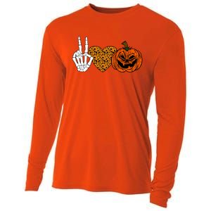 Peace Love And Pumpkins Halloween Skeleton Fall Cute Gift Cooling Performance Long Sleeve Crew