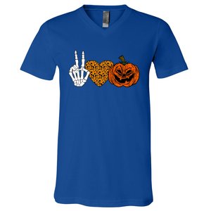 Peace Love And Pumpkins Halloween Skeleton Fall Cute Gift V-Neck T-Shirt