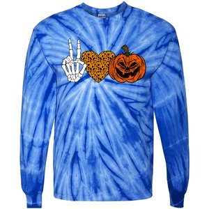 Peace Love And Pumpkins Halloween Skeleton Fall Cute Gift Tie-Dye Long Sleeve Shirt