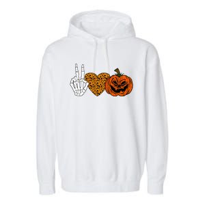 Peace Love And Pumpkins Halloween Skeleton Fall Cute Gift Garment-Dyed Fleece Hoodie