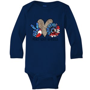 Peace Love America Sunflower Usa Flag 4th Of July Patriotic Gift Baby Long Sleeve Bodysuit