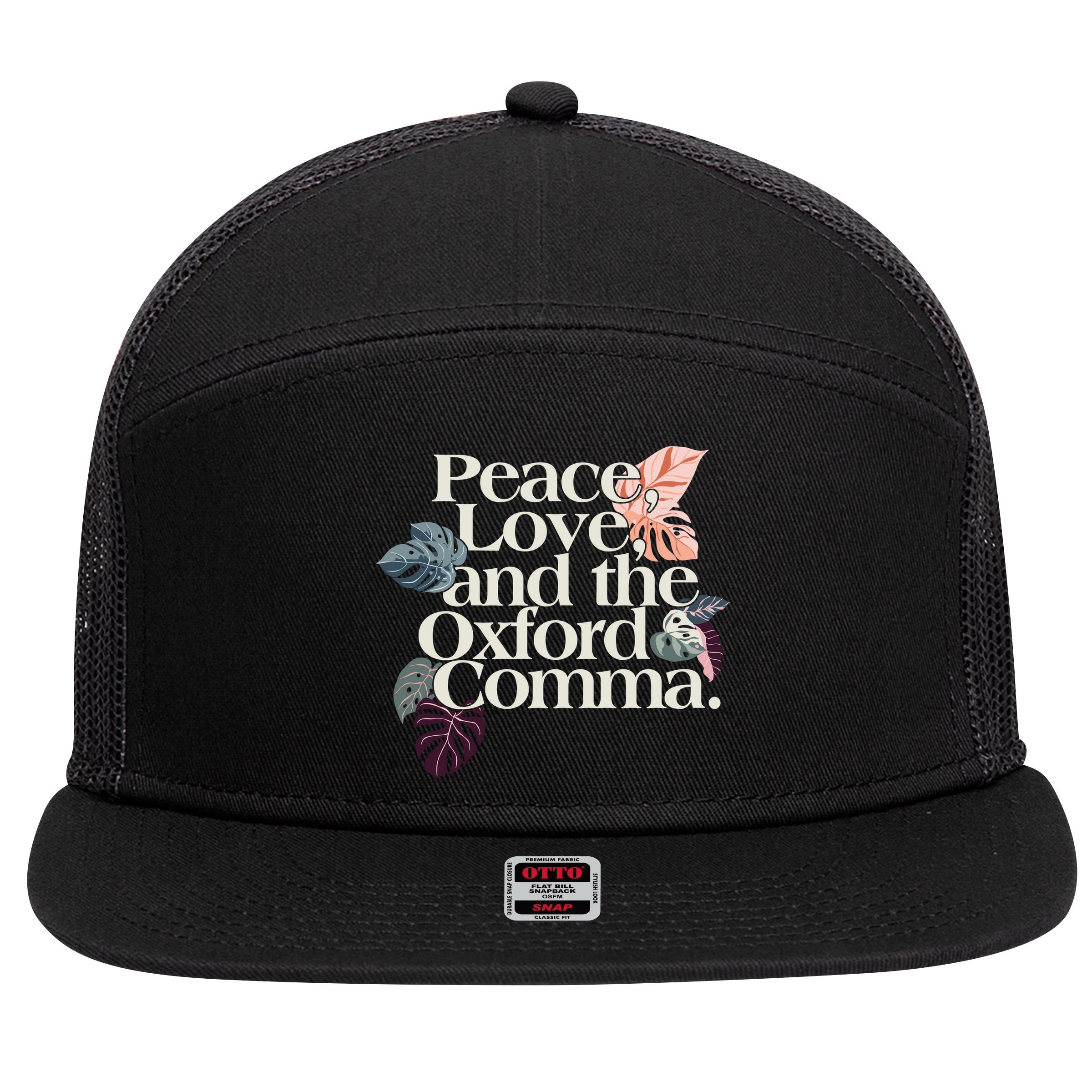 Peace Love And The Comma Grammar Lover 7 Panel Mesh Trucker Snapback Hat