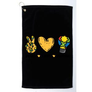 Peace Love Autism Cute Light Bulb Puzzle Awareness Autistic Cool Gift Platinum Collection Golf Towel