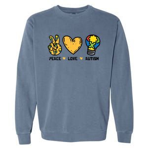 Peace Love Autism Cute Light Bulb Puzzle Awareness Autistic Cool Gift Garment-Dyed Sweatshirt