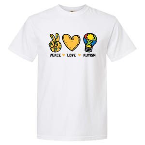 Peace Love Autism Cute Light Bulb Puzzle Awareness Autistic Cool Gift Garment-Dyed Heavyweight T-Shirt