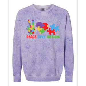 Peace Love Autism Super Cute Puzzle Pieces Autism Awareness Colorblast Crewneck Sweatshirt