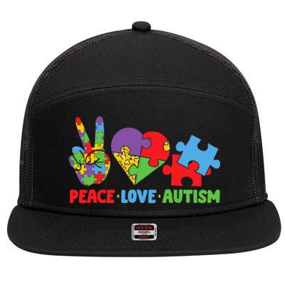 Peace Love Autism Super Cute Puzzle Pieces Autism Awareness 7 Panel Mesh Trucker Snapback Hat