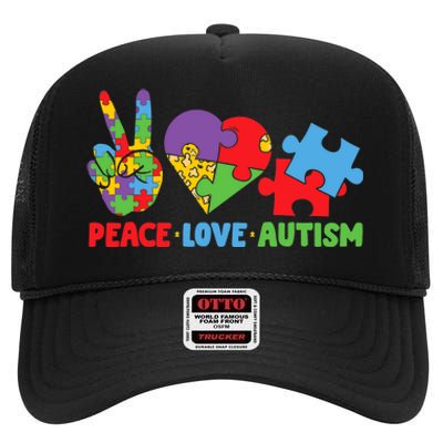 Peace Love Autism Super Cute Puzzle Pieces Autism Awareness High Crown Mesh Back Trucker Hat