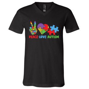 Peace Love Autism Super Cute Puzzle Pieces Autism Awareness V-Neck T-Shirt