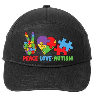 Peace Love Autism Super Cute Puzzle Pieces Autism Awareness 7-Panel Snapback Hat