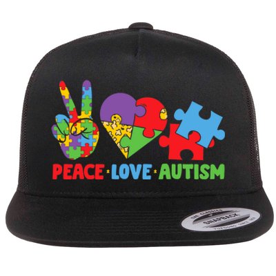 Peace Love Autism Super Cute Puzzle Pieces Autism Awareness Flat Bill Trucker Hat