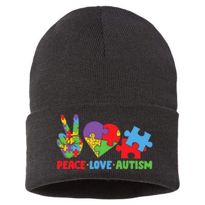 Peace Love Autism Super Cute Puzzle Pieces Autism Awareness Sustainable Knit Beanie