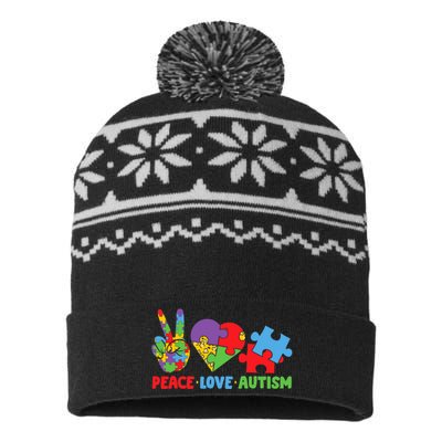 Peace Love Autism Super Cute Puzzle Pieces Autism Awareness USA-Made Snowflake Beanie