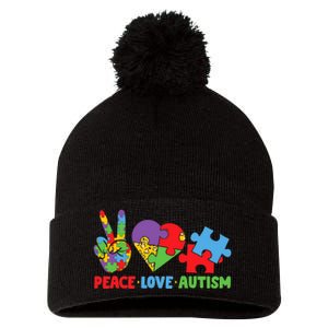 Peace Love Autism Super Cute Puzzle Pieces Autism Awareness Pom Pom 12in Knit Beanie