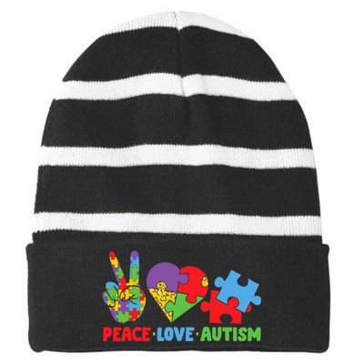 Peace Love Autism Super Cute Puzzle Pieces Autism Awareness Striped Beanie with Solid Band