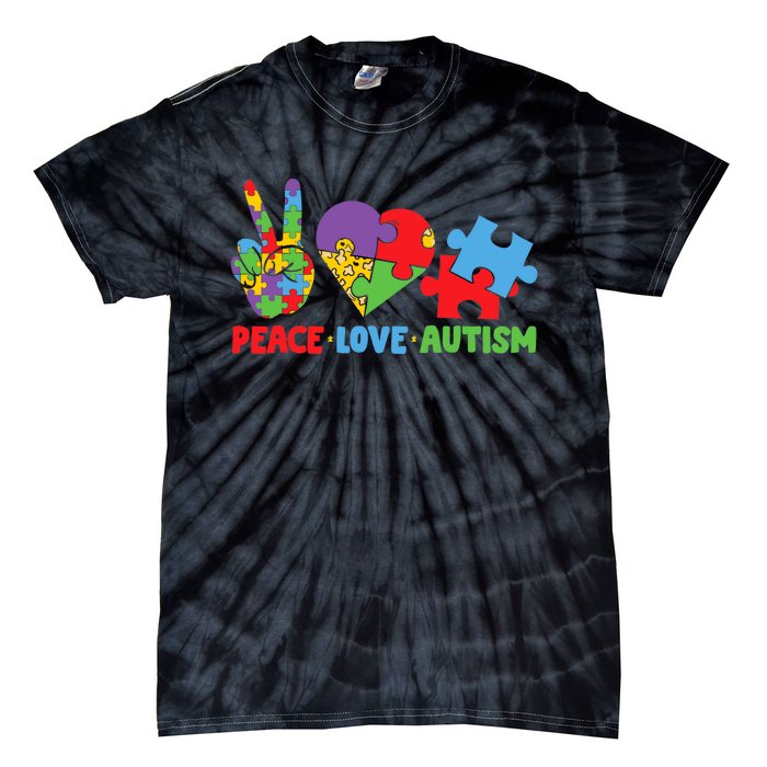 Peace Love Autism Super Cute Puzzle Pieces Autism Awareness Tie-Dye T-Shirt