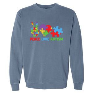 Peace Love Autism Super Cute Puzzle Pieces Autism Awareness Garment-Dyed Sweatshirt