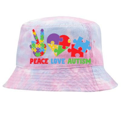 Peace Love Autism Super Cute Puzzle Pieces Autism Awareness Tie-Dyed Bucket Hat