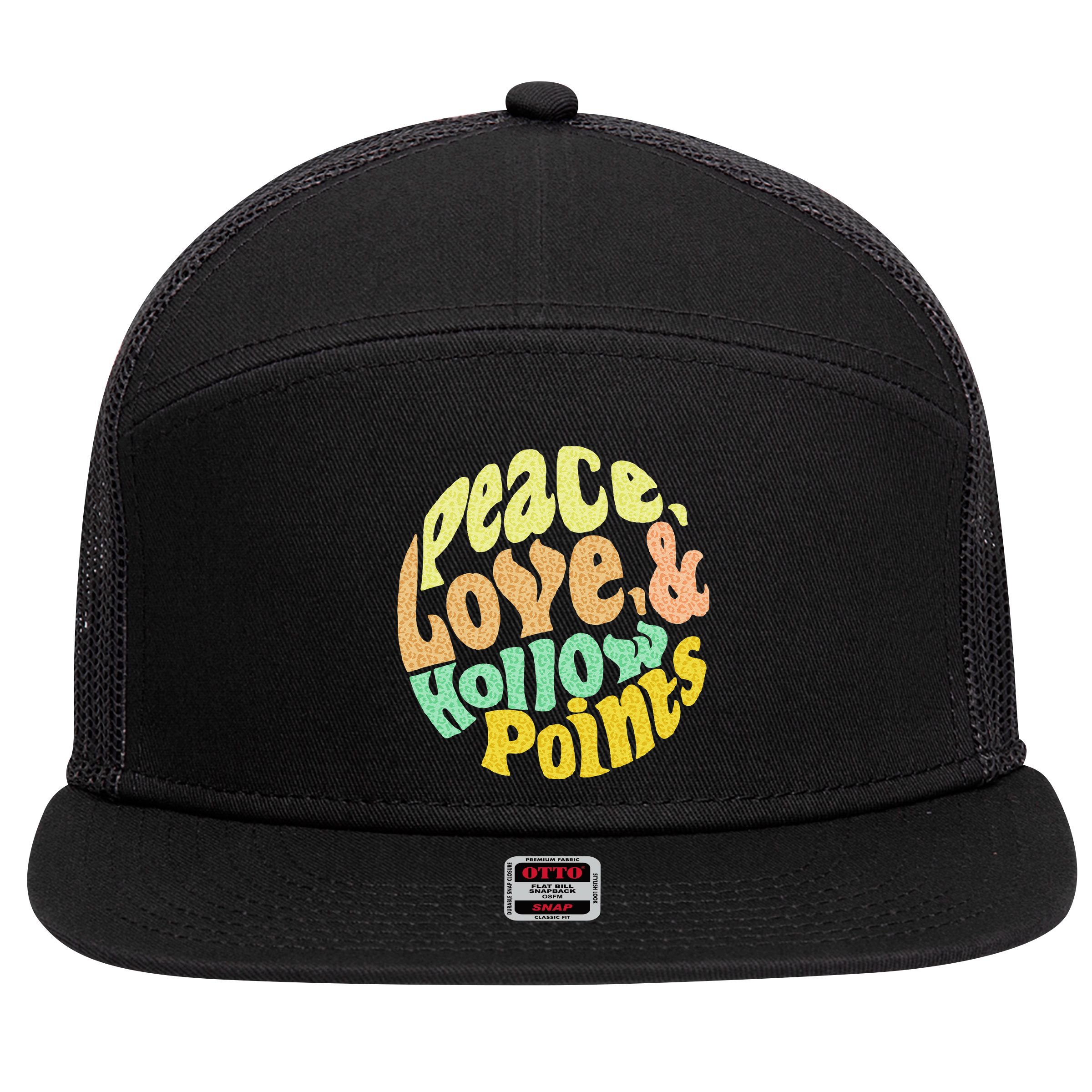 Peace Love And Hollow Points 7 Panel Mesh Trucker Snapback Hat