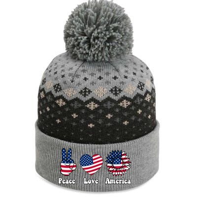 Peace Love And America Peace Sign Sunflower American Flag Gift The Baniff Cuffed Pom Beanie