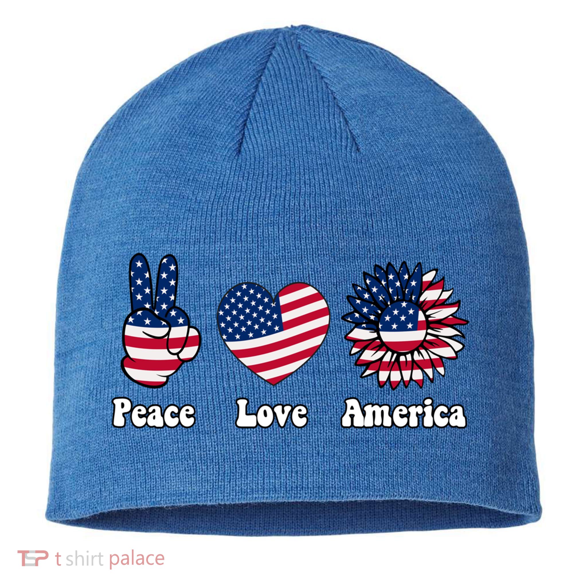 Peace Love And America Peace Sign Sunflower American Flag Gift Sustainable Beanie