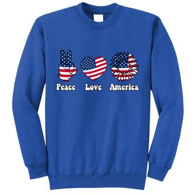 Peace Love And America Peace Sign Sunflower American Flag Gift Tall Sweatshirt