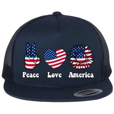 Peace Love And America Peace Sign Sunflower American Flag Gift Flat Bill Trucker Hat