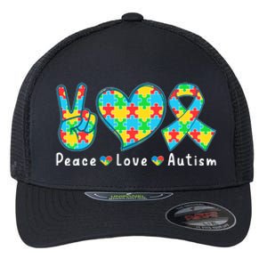 Peace Love Autism In April For Autism Awareness Flexfit Unipanel Trucker Cap