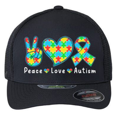 Peace Love Autism In April For Autism Awareness Flexfit Unipanel Trucker Cap