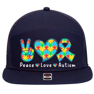 Peace Love Autism In April For Autism Awareness 7 Panel Mesh Trucker Snapback Hat