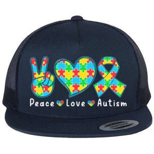 Peace Love Autism In April For Autism Awareness Flat Bill Trucker Hat