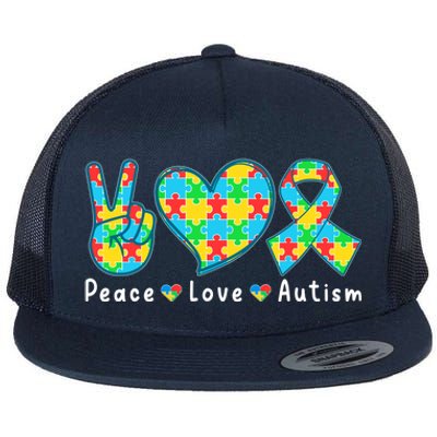 Peace Love Autism In April For Autism Awareness Flat Bill Trucker Hat