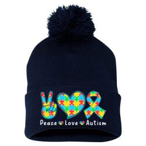 Peace Love Autism In April For Autism Awareness Pom Pom 12in Knit Beanie